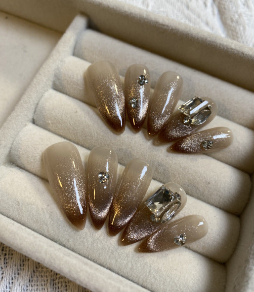 Shining Crystal Diamond Almond Personal Customized Hand Made Pressed on Medium Nails