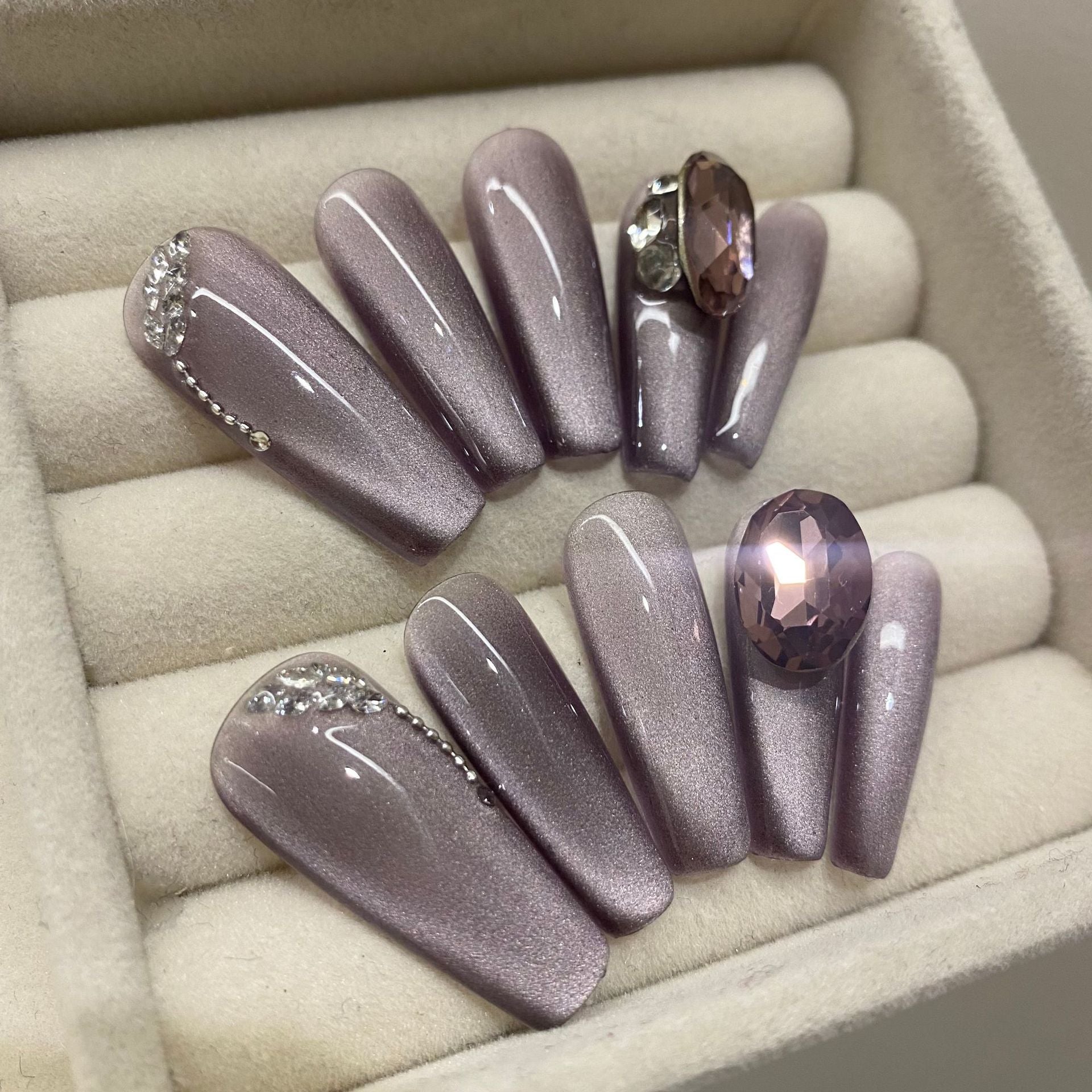 Purple Shining Big Crystal Diamond Hand Made Pressed on Long Nails