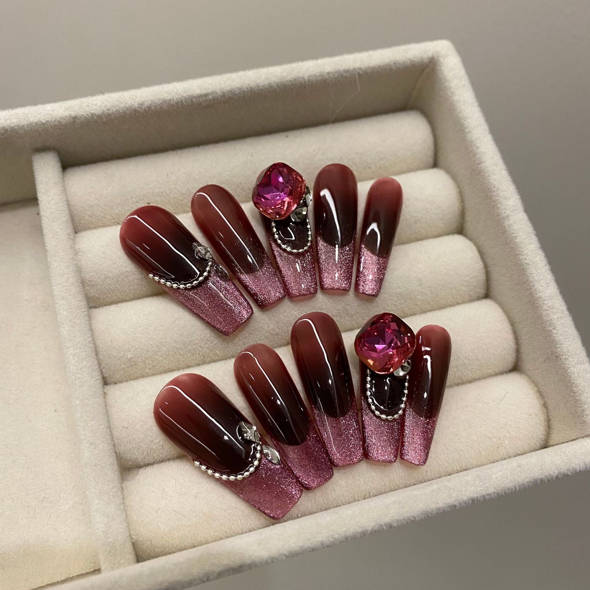 Wine Red Shining High Quality Personal Customized Hand Made Pressed on Long Nails