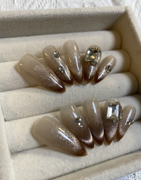 Shining Crystal Diamond Almond Personal Customized Hand Made Pressed on Medium Nails