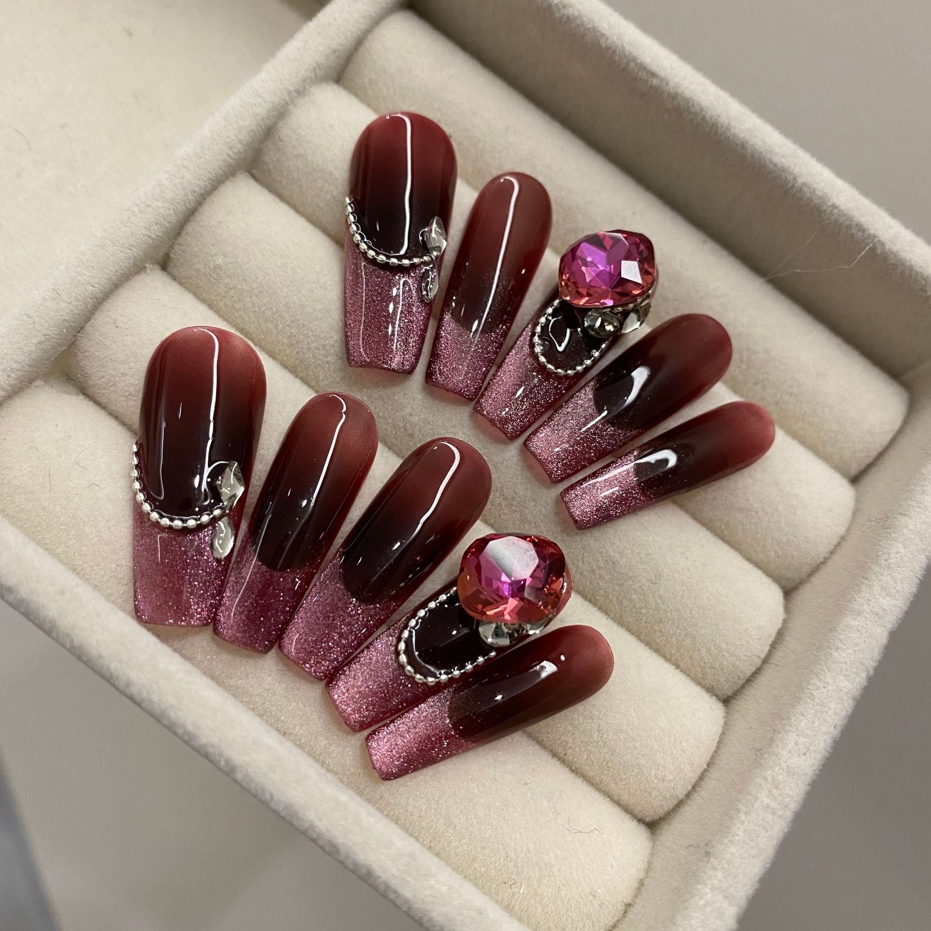 Wine Red Shining High Quality Personal Customized Hand Made Pressed on Long Nails